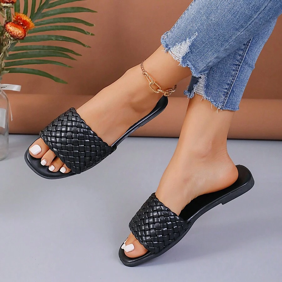New Versatile Strap Thick Sole Open Toe Sandals, Woven Checkered Anti-Slip Beach Slippers For Women, Plus Size 35-43, Summer