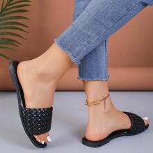 New Versatile Strap Thick Sole Open Toe Sandals, Woven Checkered Anti-Slip Beach Slippers For Women, Plus Size 35-43, Summer