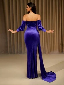 LOVE&LEMONADE فستان أرجواني أنيق طويل الأكمام بكشكشة من الأسفل، فتحة جانبية، لحفلات المساء