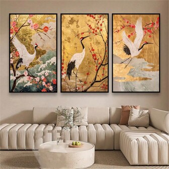 3pcs Self Adhesive Chinese Style Golden Mountain Pine Tree Crane Poster And Prints,Canvas Painting ,Wall Art For Living Room Home Decor Self-Adhesive Design, Easy To Install﻿