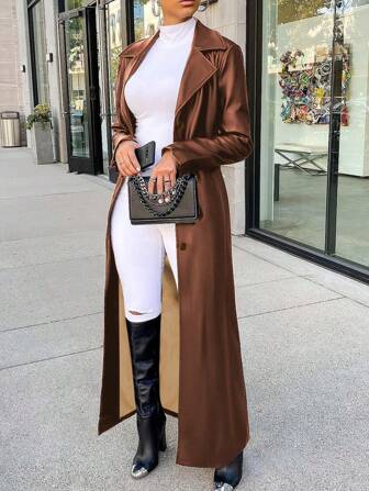Women's European And American Style PU Leather Button Long Sleeve Warm Long Coat, New Autumn/Winter