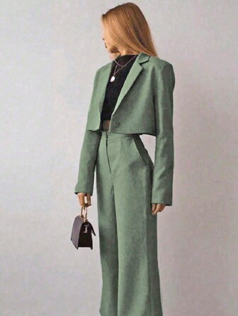 2 件套时尚纯色女式秋季西装外套和裤子套装