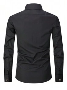 1pc Men's French Cuff Long Sleeve Formal Dress Shirt, Groom & Groomsman Wedding Party Attire, Comes With Random Cufflinks - 黑色 - 查看 2