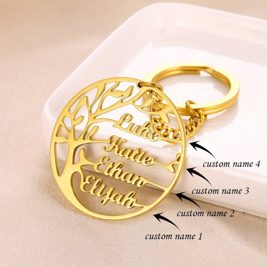 Personalized Family Tree Keychain - Custom Names Engraved, 18K Gold Plated Stainless Steel, Perfect Mother's Day Gift