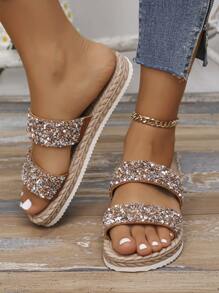 Women's Low Heel Rhinestone Decor Strap Faux Linen Rope Sole Flat Sandals, Fashion & Comfortable Slip-On Slippers For Vacation, Casual, Daily Wear, Beach, Brown