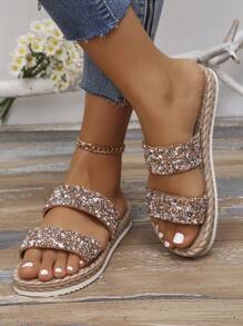 Women's Low Heel Rhinestone Decor Strap Faux Linen Rope Sole Flat Sandals, Fashion & Comfortable Slip-On Slippers For Vacation, Casual, Daily Wear, Beach, Brown
