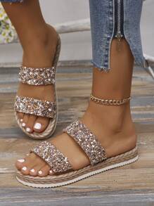 Women's Low Heel Rhinestone Decor Strap Faux Linen Rope Sole Flat Sandals, Fashion & Comfortable Slip-On Slippers For Vacation, Casual, Daily Wear, Beach, Brown