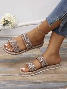 Women's Low Heel Rhinestone Decor Strap Faux Linen Rope Sole Flat Sandals, Fashion & Comfortable Slip-On Slippers For Vacation, Casual, Daily Wear, Beach, Brown
