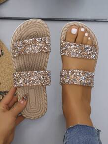 Women's Low Heel Rhinestone Decor Strap Faux Linen Rope Sole Flat Sandals, Fashion & Comfortable Slip-On Slippers For Vacation, Casual, Daily Wear, Beach, Brown