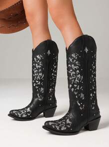 Women's Rhinestones Western Knee High Boots, Embroidery Pointed Toe Chunky Block Heel Cowboy Cowgirl Mid Calf Boots With Pull On Taps - 黑色 - 查看 6