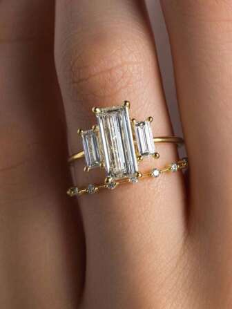 2 件/套欧美风格 S925 银长方形方晶锆石叠戴戒指套装，适合女士，适合订婚、宴会、日常佩戴、情人节、节日礼物