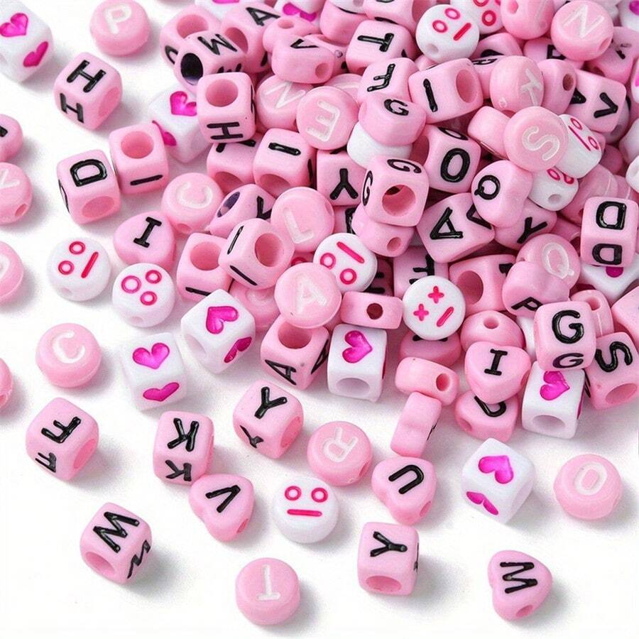 100pcs/Set Acrylic Beads In Pink, Black, Red, Suitable For Couple Bracelet, Valentine's Day Gift, Various Shapes And Styles, Applicable For Jewelry Making, DIY Crafts, Charm Bracelet, Mixed Colors With Heart And Letter Decor