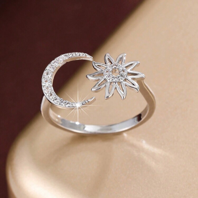 1pc Elegant Sun & Moon Design Zirconia Inlaid Open Ring For Women - Multicolor - View 16