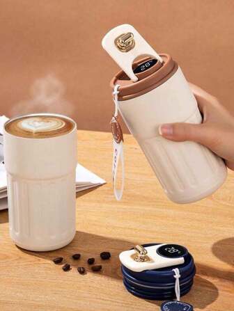 1个450毫升双层不锈钢LED温度显示真空保温杯，优雅拿铁咖啡杯，带提手，便携式商务礼品咖啡杯，防滑杯身带提手，不锈钢液晶茶杯，保温平底杯，时尚欧式拿铁杯，适用于牛奶、咖啡、茶、果汁