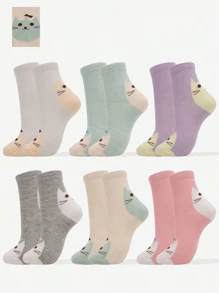 5 pares de meias com estampa de gato de desenho animado para mulheres, design de animal fofo, meias casuais confortáveis, respiráveis e que absorvem a umidade para o dia a dia, feriados, férias