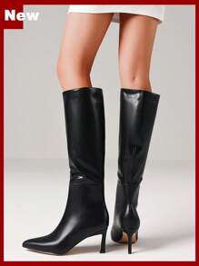2024 Fashion Knee High Boots For Women Kitten Heel Boots Suede Pointed Toe Pull On Low Heel Tall Boots - 黑色 - 查看 5