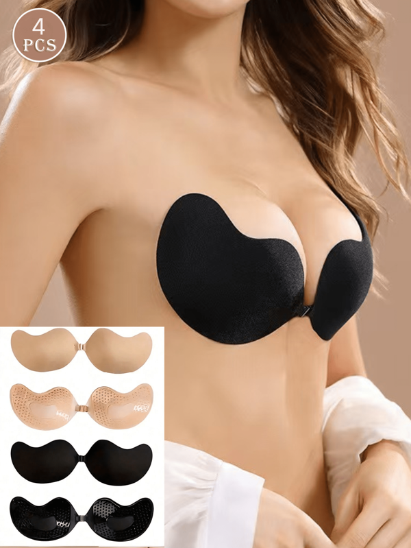 YIYANG 4pcs Adhesive Bras, Self Adhesive Bras, Invisible Strapless Reusable Silicone Bras, Women's Adhesive Push Up Backless Bras