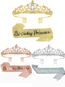 2pcs/Set Rhinestone Crystal Rose Gold Silver Crown Tiara Birthday Princess Gold Onion Glitter Sash Ribbon And Crown For Women Birthday Princess Party Decorations Accessories The Wedding Party. Bridal Headwear. Bachelorette Party Lady Headwear Decoration Courtship Valentine's Headdress Decoration