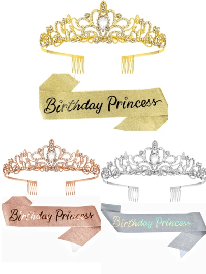 2pcs/Set Rhinestone Crystal Rose Gold Silver Crown Tiara Birthday Princess Gold Onion Glitter Sash Ribbon And Crown For Women Birthday Princess Party Decorations Accessories The Wedding Party. Bridal Headwear. Bachelorette Party Lady Headwear Decoration Courtship Valentine's Headdress Decoration