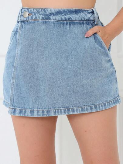 WL Moda Shorts Saia Denim Simples Casual Feminina com Botão Lateral e Ajuste Slim para Verão