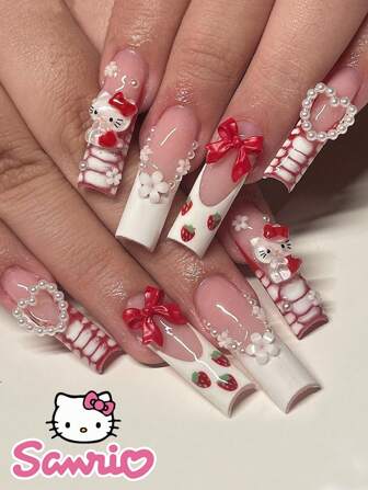 Sanrio 24pcs Long Casket Nail Stickers, White French Strawberry Pattern, Cute Crystal Rhinestones, 3D White Flower, White Pearl, Red Bow Pearl Heart Nail Art Manicure Set For Women, Daily Wear, Party (Includes: 1 Bottle Jelly Gel, 1 Pusher Stick) Press On Nails