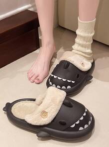 1 Pair Shark Design Anti-Slip Indoor Slippers, Warm & Durable, Suitable For Couples, Autumn/Winter