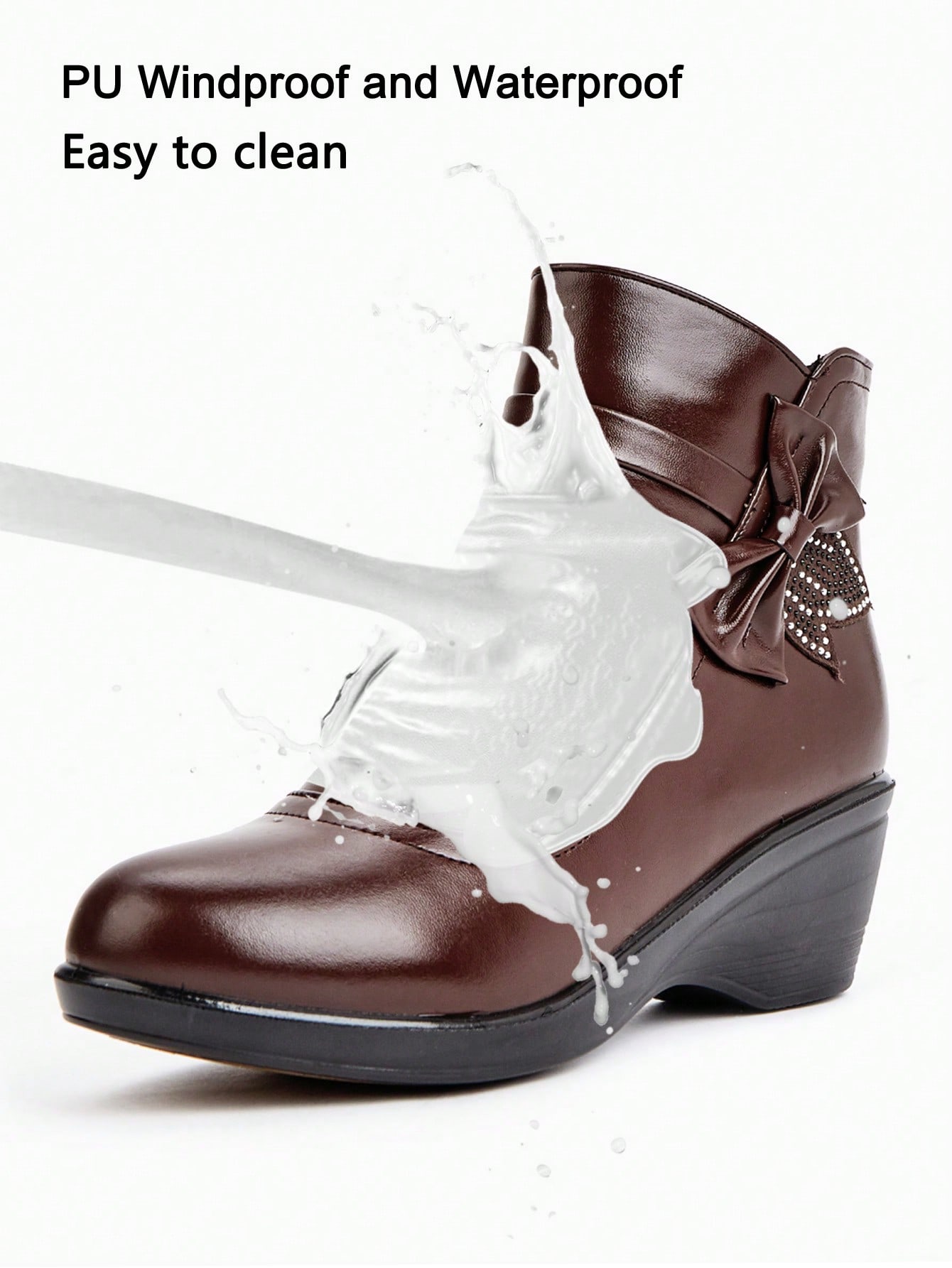 بوت كاحل للنساء مقاس كبير، ذات كعب وتد، من جلد صنا...