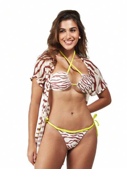 Biquini animal print, estampa Zebra, top cortininha com detalhe neon, Calcinha fio duplo