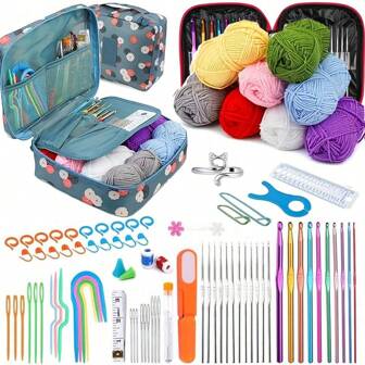 全套钩针套装，包括符合人体工程学的钩针套装、纱线和配件 - 适合初学者和针织爱好者，全季节纱线工艺套件（所有产品颜色/包装随机搭配）