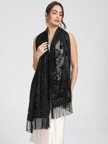 1pc Flocked Burnout Scarf, Solid Color Lace 3D Flocked Shawl, Long Floral Wrap For Evening Party, Date, Elegant Beautiful Soft Scarf For Women Valentines