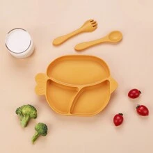 3pcs/Set Baby Feeding Tableware Set, With Divided Plate, Suction Cup Silicone Plate, Toddler Cutlery Including Fork & Spoon, Cute Fish Design