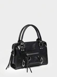 1 件女式复古 Y2K 机车朋克风格铆钉装饰扣多口袋仿油性裂纹皮革摩托车波士顿包，适合街头、约会、派对 - 黑色 - 查看 2