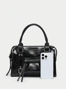 1 件女式复古 Y2K 机车朋克风格铆钉装饰扣多口袋仿油性裂纹皮革摩托车波士顿包，适合街头、约会、派对 - 黑色 - 查看 5