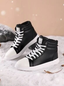 2 Pairs Women's Winter Thermal Lined Sneakers, Minimalist Letter Print Lace-Up High Top Casual Sports Outdoor Lightweight Fleeced Warm Shoes