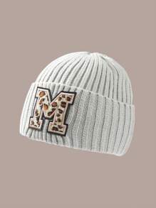 1pc Letter & Leopard Striped Casual Bohemian Acrylic Solid Embroidered Ski Beanie Hat, Knitted, Autumn/Winter, Versatile