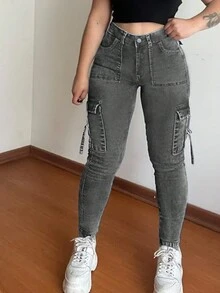 女款 Y2K 修身休闲牛仔翻盖口袋侧边工装裤 - 灰色 - 查看 8