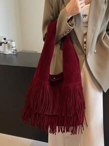 2024 Fall Women Solid Burgundy Fringe Large Capacity Shoulder Bag, Fashionable Burgundy Bag - Burgundy - View 5