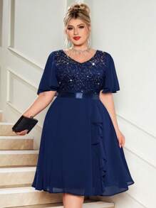 Đầm dạ hội cỡ lớn cổ chữ V đính sequin, ren hoa, tay áo cánh bướm bằng chiffon phối màu tương phản, viền bèo nhún, thích hợp cho tiệc cocktail, tiệc cưới hoặc các dịp bán trang trọng khác, sinh nhật, lễ tốt nghiệp, dạ hội mùa hè. - Màu xanh hải quân - Xem 6