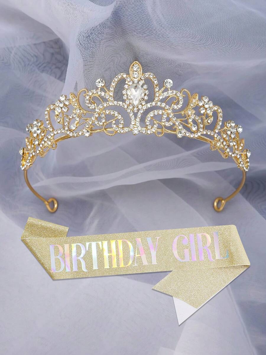 2szt Bling Rhinestone Crystal Silvery Crown Tiara Urodziny Księżniczka Sash I Korona Dla Kobiet Urodziny Księżniczka Party Dekoracje Akcesoria, Boże Narodzenie