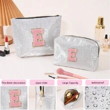 Stylowa kosmetyczka podróżna z inicjałami, pomysł na prezent świąteczny dla kobiet, spersonalizowana kosmetyczka w stylu college'u, srebrna, duża pojemność, wielofunkcyjna kosmetyczka, wysokiej jakości torba organizacyjna, zawiera mniejszą saszetkę - Srebro - Zobacz 27