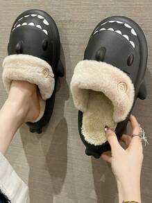 1 Pair Shark Design Anti-Slip Indoor Slippers, Warm & Durable, Suitable For Couples, Autumn/Winter