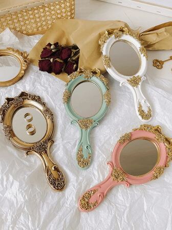 1pc Resin Hand Mirror Ins Style Small Mirror High-End Princess French Hand Mirror Baroque Style Creative Retro Handle Mirror Best Gifts Birthday Graduation Home Decor Back To School Room Decor School Supplies