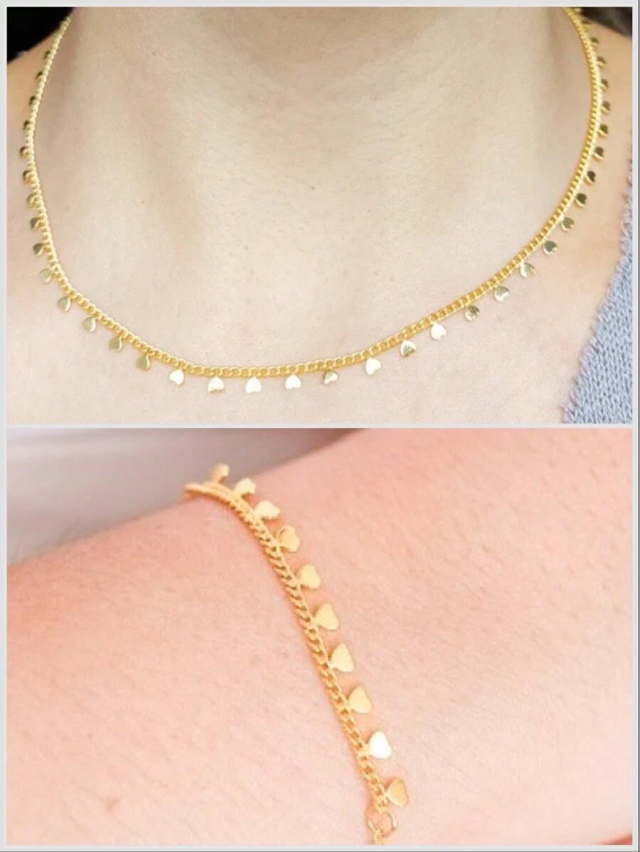 Necklace + Heart Bracelet Kit 18k Gold Plated And 925 Silver Durability Up To 3 Months - Vàng - Xem 1