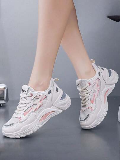 Cómodo y transpirable de malla patchwork de color de moda de las mujeres de fondo grueso zapatos deportivos casuales,punta redonda suela blanda encaje ligero hasta zapatillas de tenis,Cuatro estaciones nuevo zapatillas casual de mujer para hacer deporte, viajar y para el día a día.