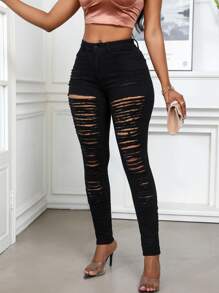 Sexyshine Women's High Waisted Skinny Destroyed Ripped Hole Denim Pants Long Stretch Pencil Jeans For Women - Black - View 4