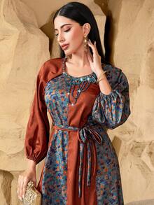Handmade Double-Sided Print & Jacquard Fabric Long Sleeve Dress, Rhinestone Decor, Suitable For Daily Gathering, EID