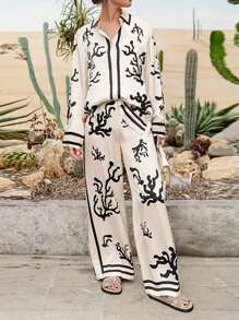 2 Pieces Women Set Front Button Long Sleeve Printed Casual Top And Pants