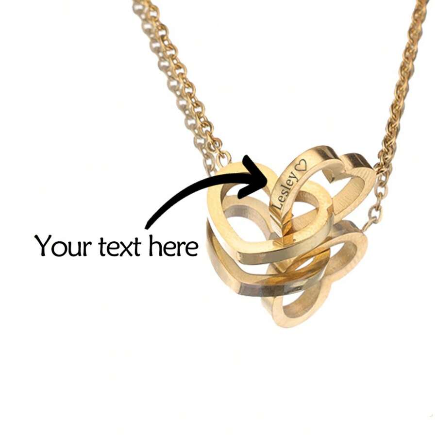 Customized Stainless Steel DIY Engraved Two Interlocking Hearts Necklace, Simple Heart Shaped Pendant Necklace, Personalized Couple Gift For Valentine's Day, New Year, Friend, Non-Fading Fashion Accessory