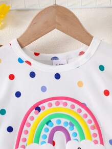 2 件套女婴云朵、彩虹和波尔卡圆点印花短袖 T 恤和刺绣花卉松紧腰牛仔短裤套装