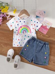 2 件套女婴云朵、彩虹和波尔卡圆点印花短袖 T 恤和刺绣花卉松紧腰牛仔短裤套装
